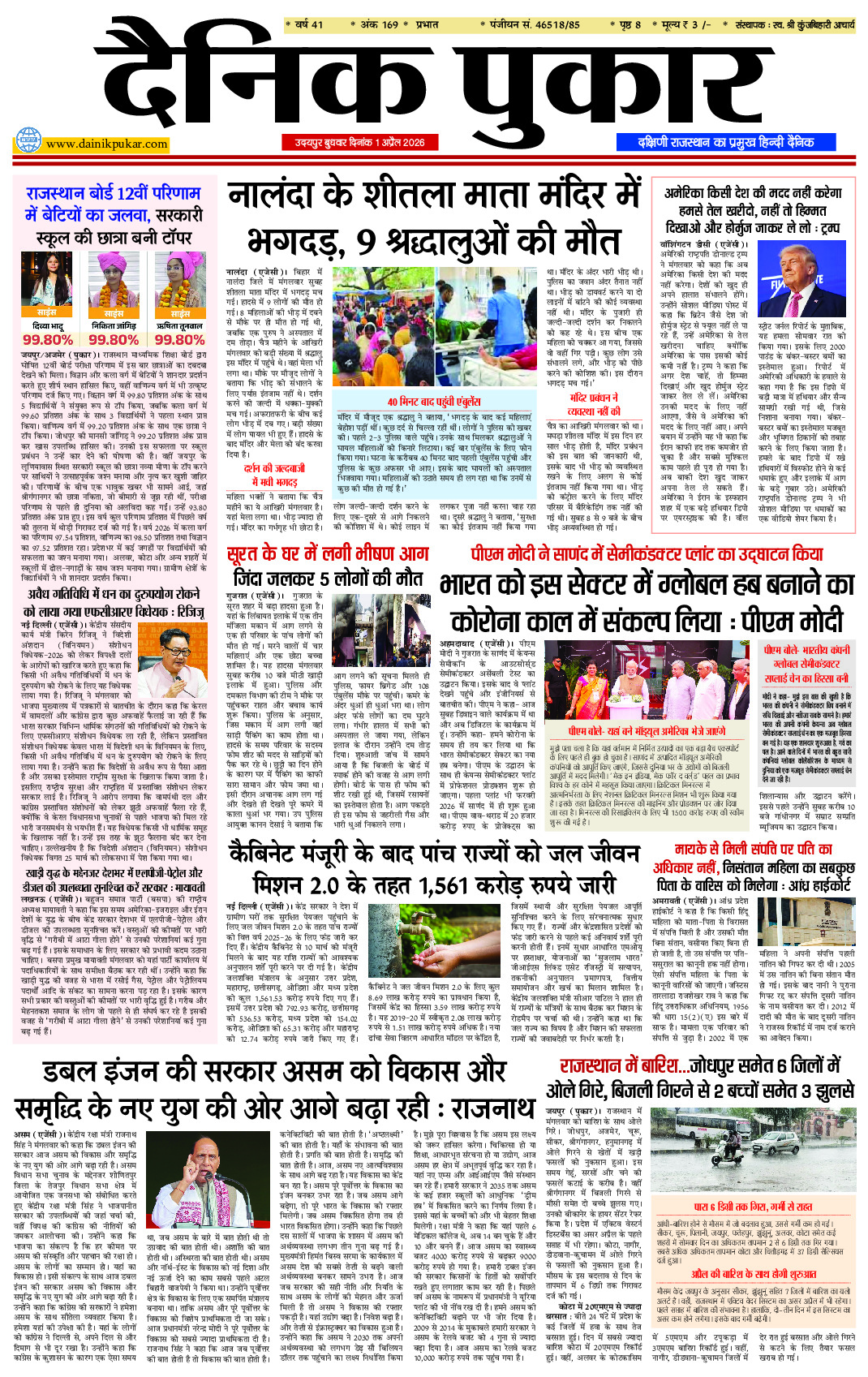 दैनिक पुकार 1 अप्रैल 2026 उदयपुर